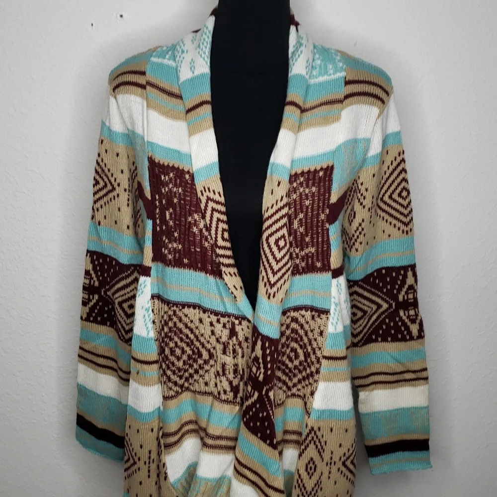 Love Cotton Knit Southwestern Asymmetric Long Line Open Front Cardigan Size M/L
